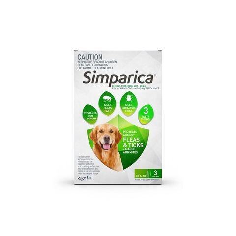 Simparica Trio for dogs 20.1 kg - 40 kg Green  -  3 pack or 6 pack