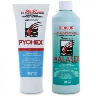 Malaseb Combo Pack, 1 x 250 ml Malaseb Shampoo & 1 x 100 ml Pyohex Leave in Lotion.