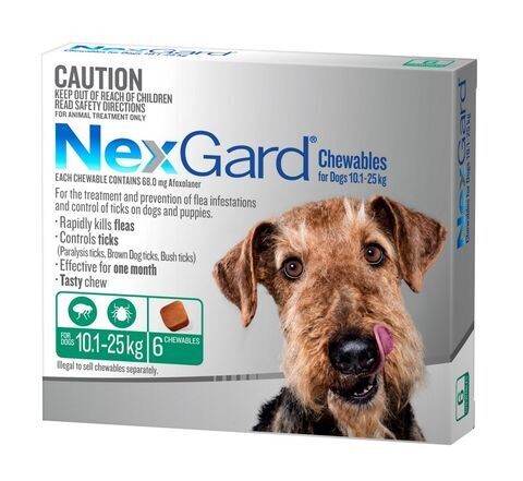 NexGard Chews for Dogs Flea & Tick Treatment 10 kg - 25 kg - 6 Chews NexGard Chews for Dogs Flea & Tick Treatment 10 kg - 25 kg - 6 Chews
