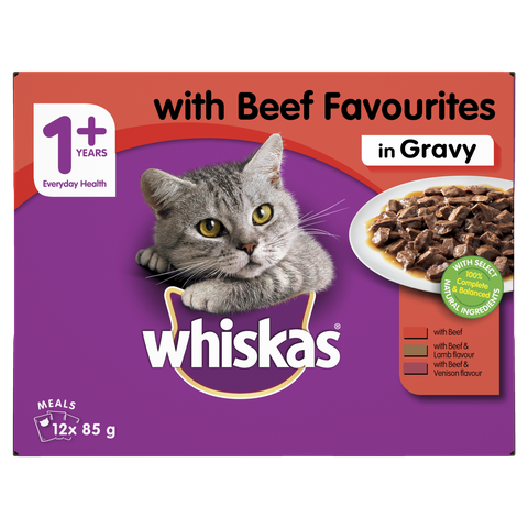 Whiskas Beef in Gravy Variety Adult Wet Cat Food  -  85 grams x 12