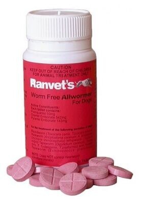 Ranvet Worm Free Allwormer for Dogs 10 kg - 25 tabs , 50 tabs or 100 tabs