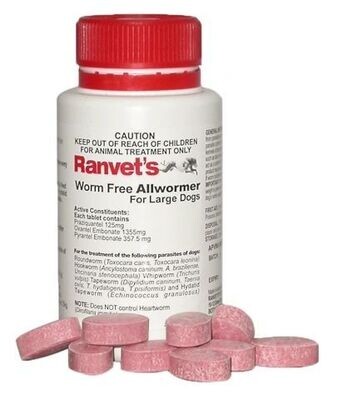 Ranvet Worm Free Allwormer for Dogs 25 kg - 25 tabs , 50 tabs or 100 tabs