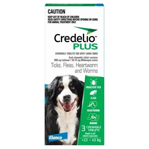 Credelio Plus  22 kg - 45 kg  X Large Chewable  Green  -  3 pack or 6 pack