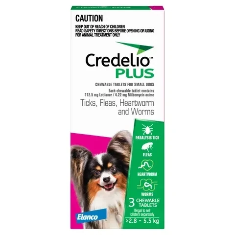 Credelio Plus  2.8 kg - 5.5 kg Small Chewable  Pink  -  3 pack or 6 pack