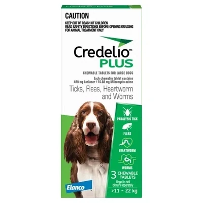 Credelio Plus  11 kg - 22 kg Large Chewable  Green  -  3 pack or 6 pack