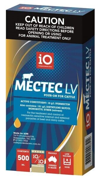 IO Mectec LV Cattle Pour On  -  500 ml ,  2.5 litres or 10 litres