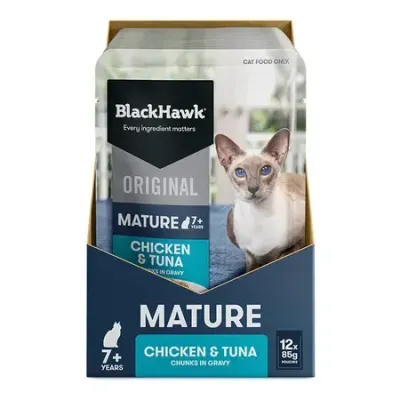 Black Hawk Original Mature 7+ Cat Food Chicken Tuna in Gravy  -  85 grams x 12