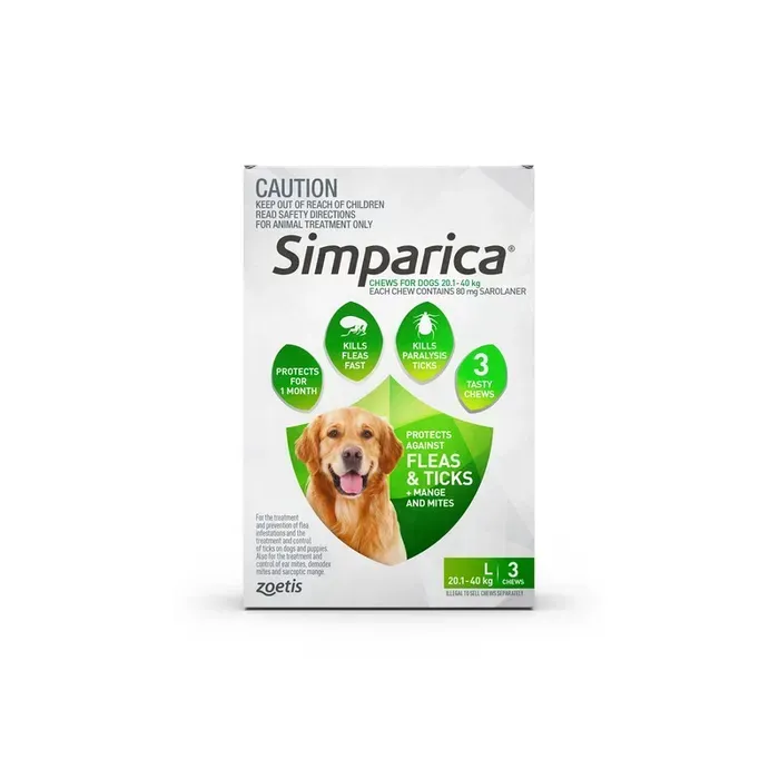 Simparica For Dogs 20.1 kg- 40 kg Green  -  3 Chews