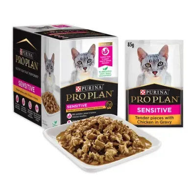 Pro Plan Adult Sensitive Chicken Gravy Wet Cat Food Pouches  -  85 grams x 12