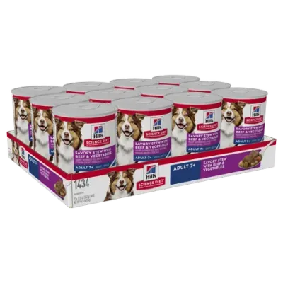 Hills Science Diet Savoury Stew With Beef And Vegetables 7+ Mature Senior Canned Wet Dog Food 363 grams x 12 Hills Science Diet Savoury Stew With Beef And Vegetables 7+ Mature Senior Canned Wet Dog Food 363 grams x 12