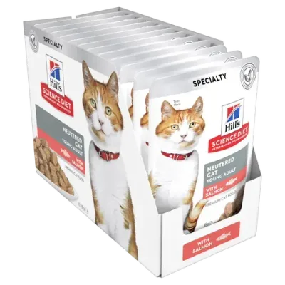 Hills Science Diet Neutered Young Adult Salmon Pouches Wet Cat Food - 85 grams x 12 Hills Science Diet Neutered Young Adult Salmon Pouches Wet Cat Food - 85 grams x 12