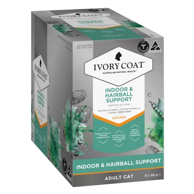 Ivory Coat Inspired By Raw Adult Indoor And Hairball Wet Cat Food  -  12 x 85 grams