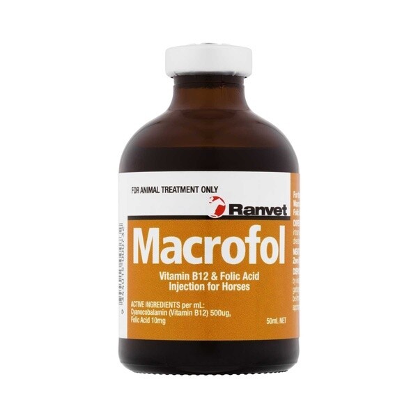 Ranvet Macrofol Vitamin B12 & Folic Acid Injection for Horses 50 ml Ranvet Macrofol Vitamin B12 & Folic Acid Injection for Horses 50 ml