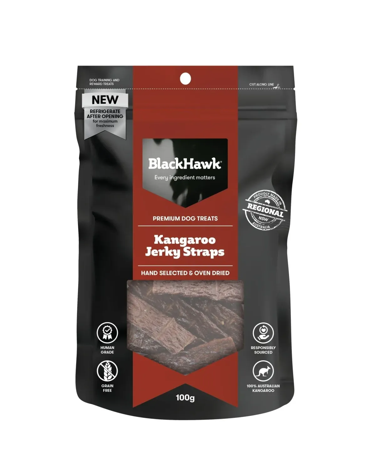 Black Hawk Jerky Straps Kangaroo Natural High Protein Dog Treats - 100 grams Black Hawk Jerky Straps Kangaroo Natural High Protein Dog Treats - 100 grams