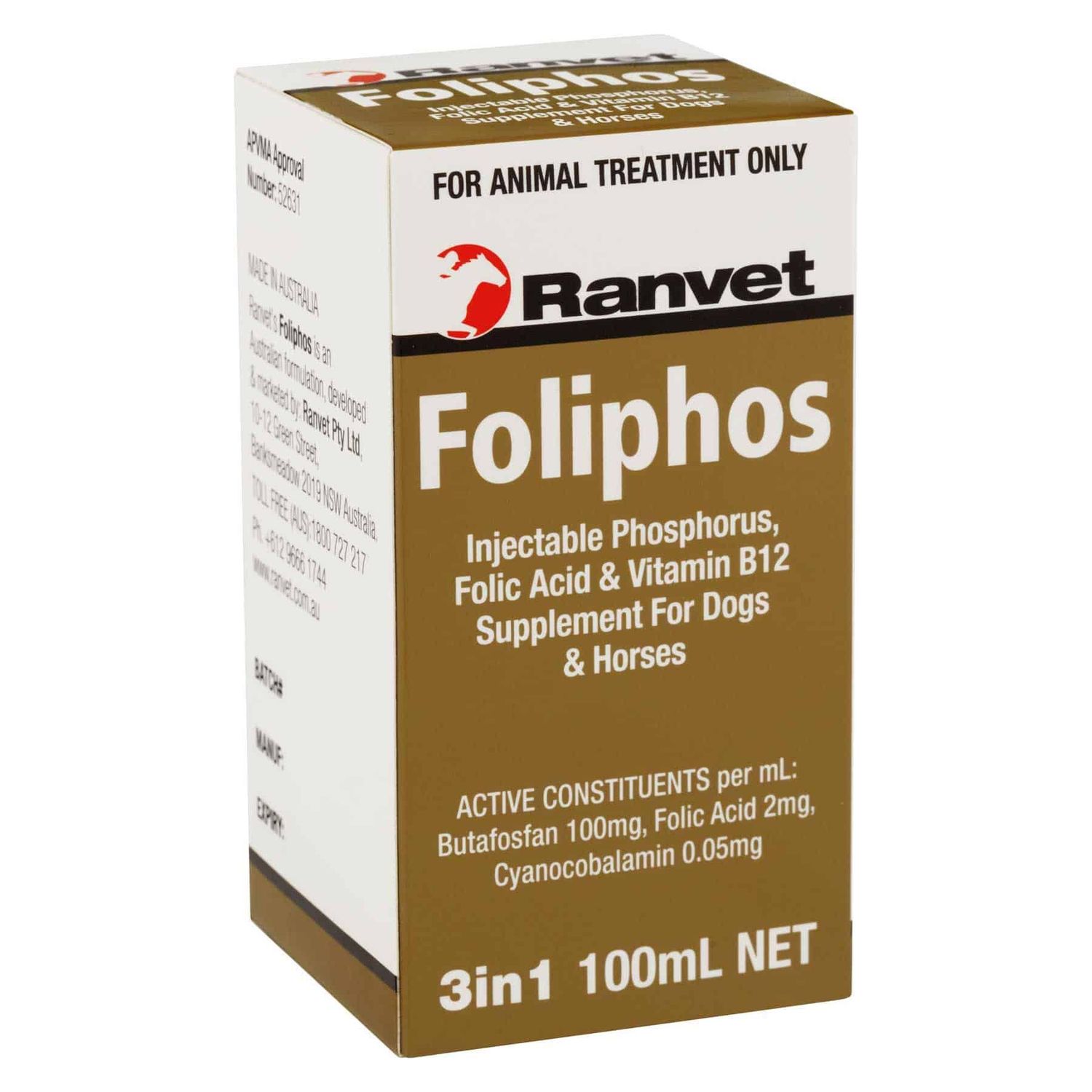 Ranvet Foliphos 3-in-1 Injection Phosphorus, Folic Acid & Vitamin B12 for Horses - 100 ml Ranvet Foliphos 3-in-1 Injection Phosphorus, Folic Acid & Vitamin B12 for Horses - 100 ml