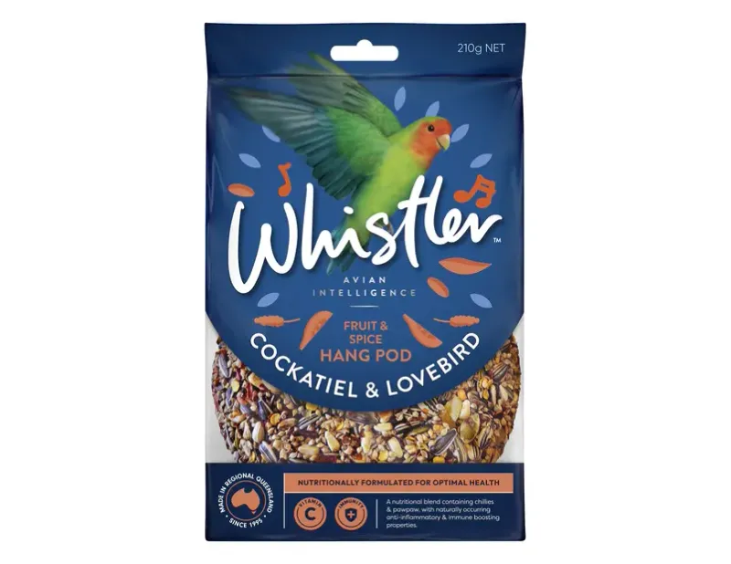 Whistler Cockatiel & Lovebird Hang Pod Fruit & Spice 210 grams Whistler Cockatiel & Lovebird Hang Pod Fruit & Spice 210 grams