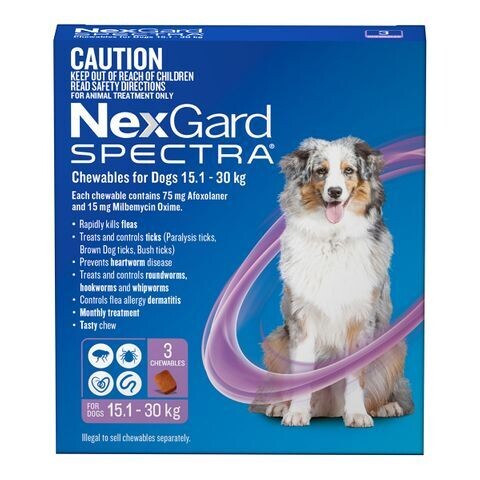 NexGard Spectra for Dogs – All-in-One Flea, Tick & Worm Treatment   15.1 kg - 30 kg  -  3 pack