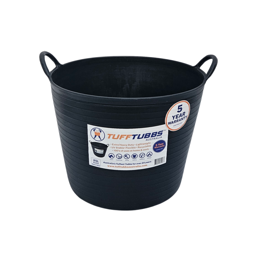 Tuff Tubbs Bucket Black - Heavy Duty Flexible Feed & Water Bucket - 25 litres Tuff Tubbs Bucket Black - Heavy Duty Flexible Feed & Water Bucket - 25 litres