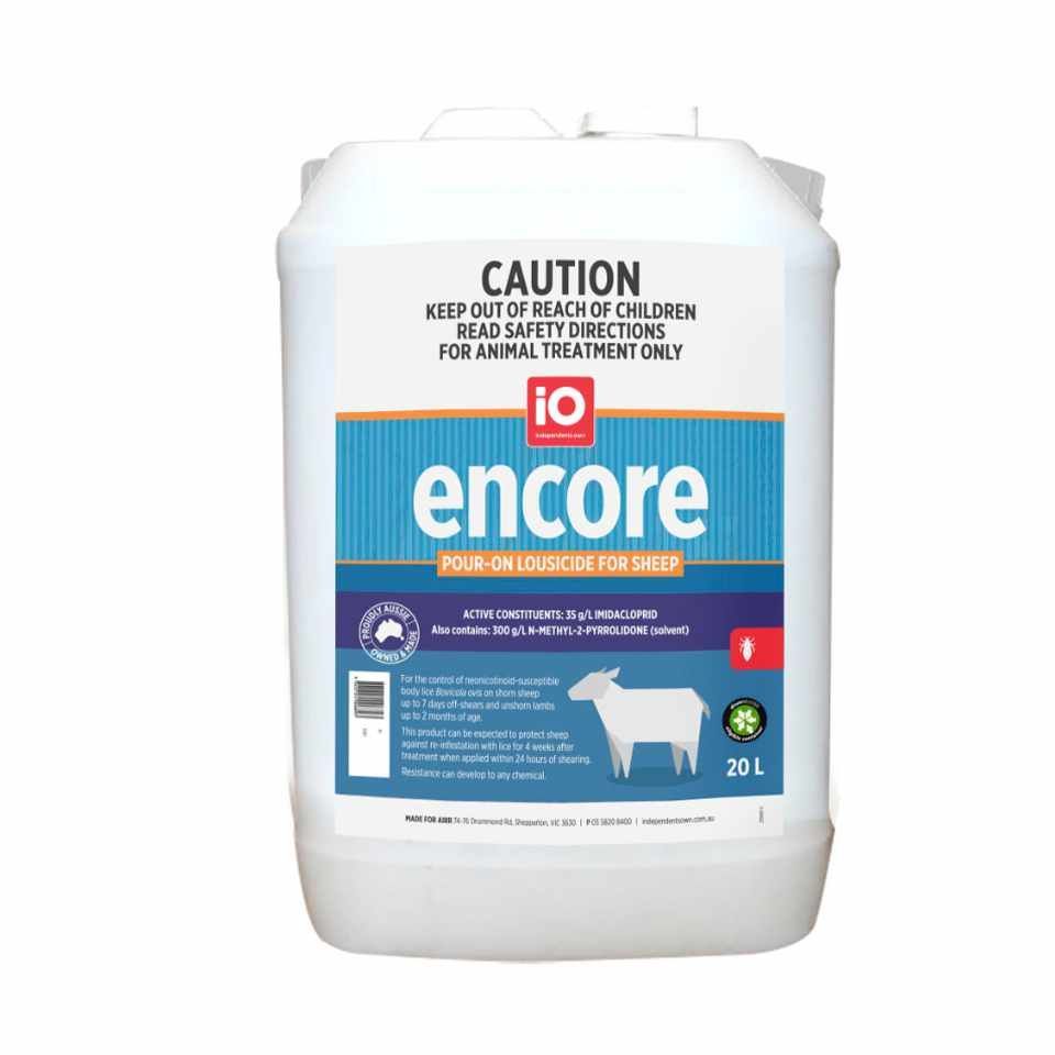 iO Encore Pour-On Lousicide for Sheep - Controls Sheep Lice , Fast Acting Imidacloprid Pour-On- 20 litres iO Encore Pour-On Lousicide for Sheep - Controls Sheep Lice , Fast Acting Imidacloprid Pour-On- 20 litres