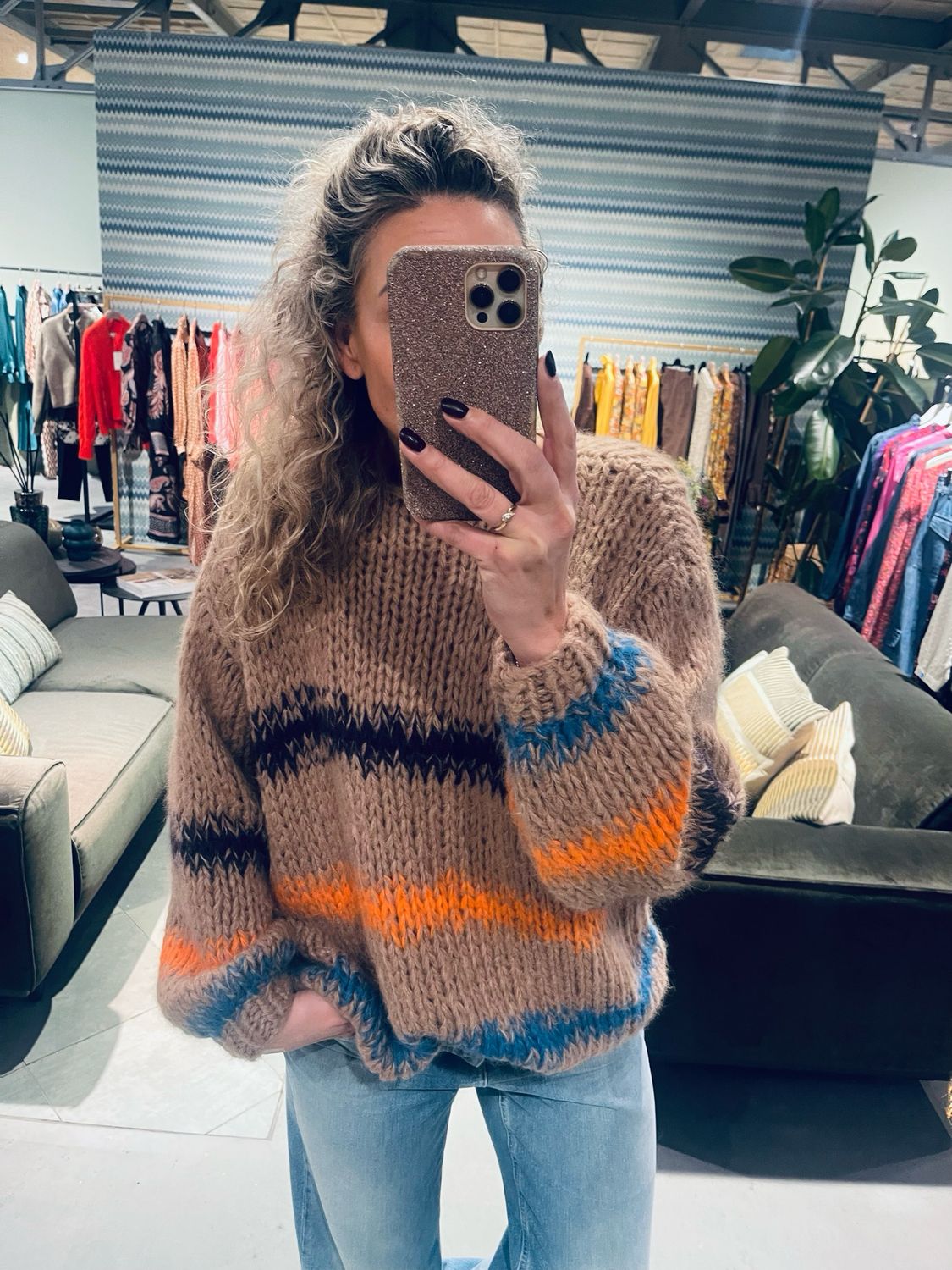 Les Tricots d&#39;O AlpacaPullover round neck stripes Bruin H-AW24-A-30000-PR