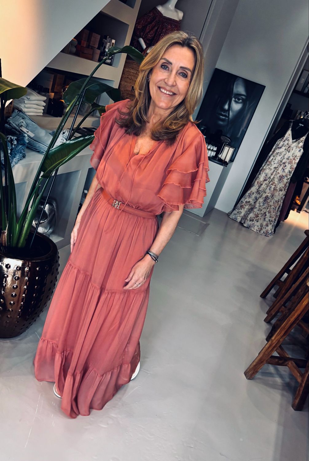 Dante6 Xevi boho maxi chiffon dress Amber Glow 251129