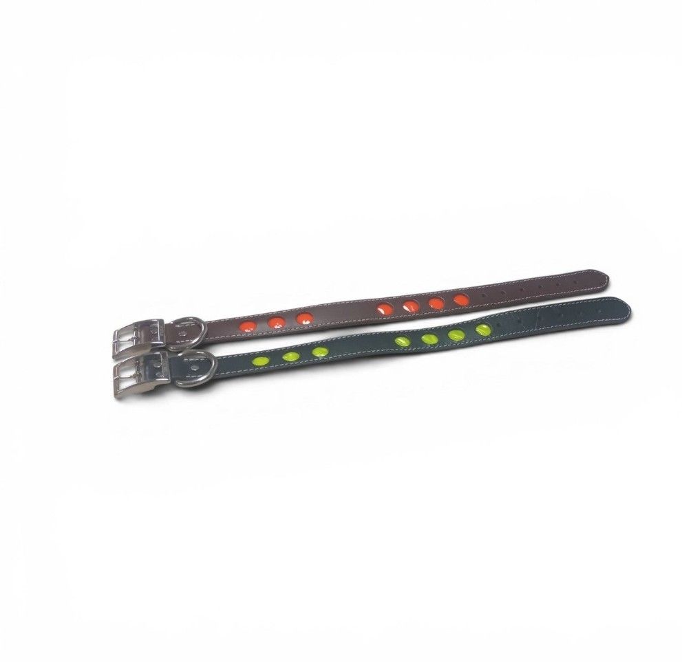 1.5" WIDE LEATHER WITH REFLECTIVE ORANGE OR YELLOW CIRCLES