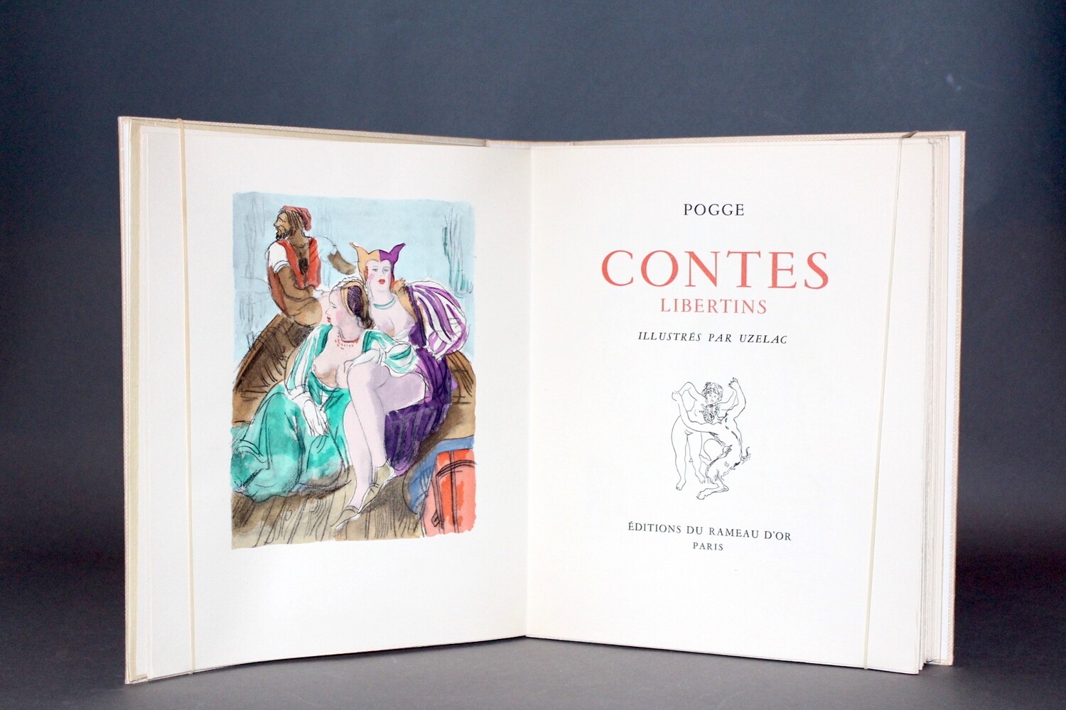 (CURIOSA - EROTICA). POGGE & UZELAC.- Contes libertins.- (Vers 1950).- 16 illustrations en couleurs. Exemplaire avec une suite en noir et un dessin original signé.