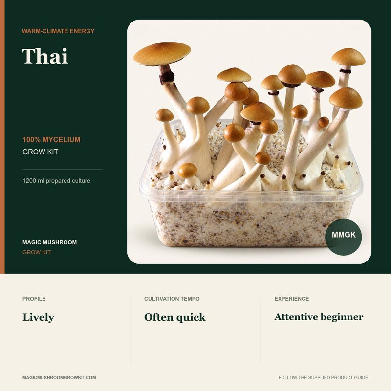 Thai 100% mycelium grow kit infographic showing a real open fruiting cluster and an often quick cultivation tempo