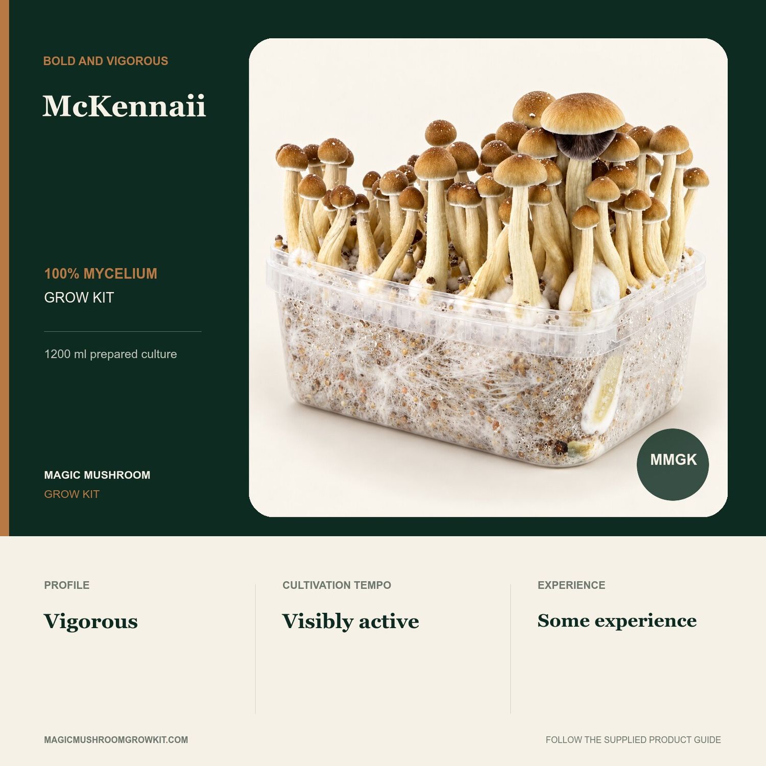 McKennaii 100% mycelium grow kit infographic with a real dense fruiting kit and vigorous cultivation profile