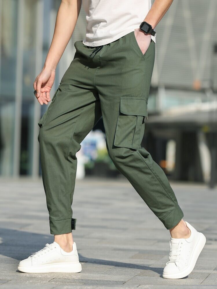 Men drawstring waist cargo pants