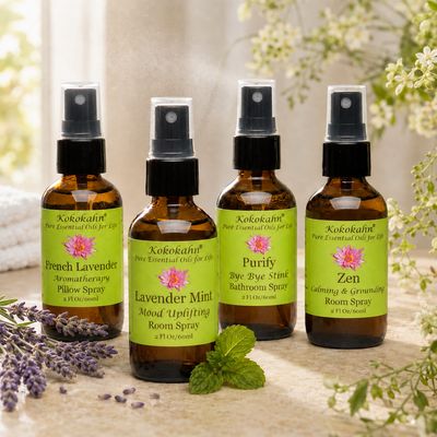 Kokokahn essential oil room and pillow sprays in French Lavender, Lavender Mint, Purify and Zen
