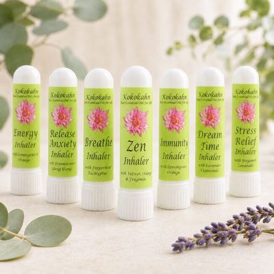 Kokokahn essential oil aromatherapy inhalers for opening breathing, sleep, stress relief and calming.