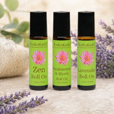 Kokokahn essential oil roll-ons including Zen, Lavender, and Frankincense and Myrrh