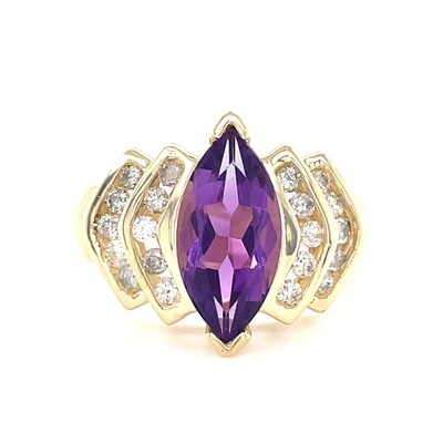 Marquise Amethyst & Diamond Ring in 14k Yellow Gold