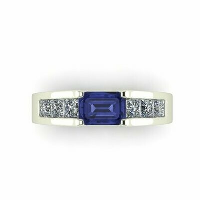 Blue Sapphire & Diamond Ring in 14k White Gold — AA