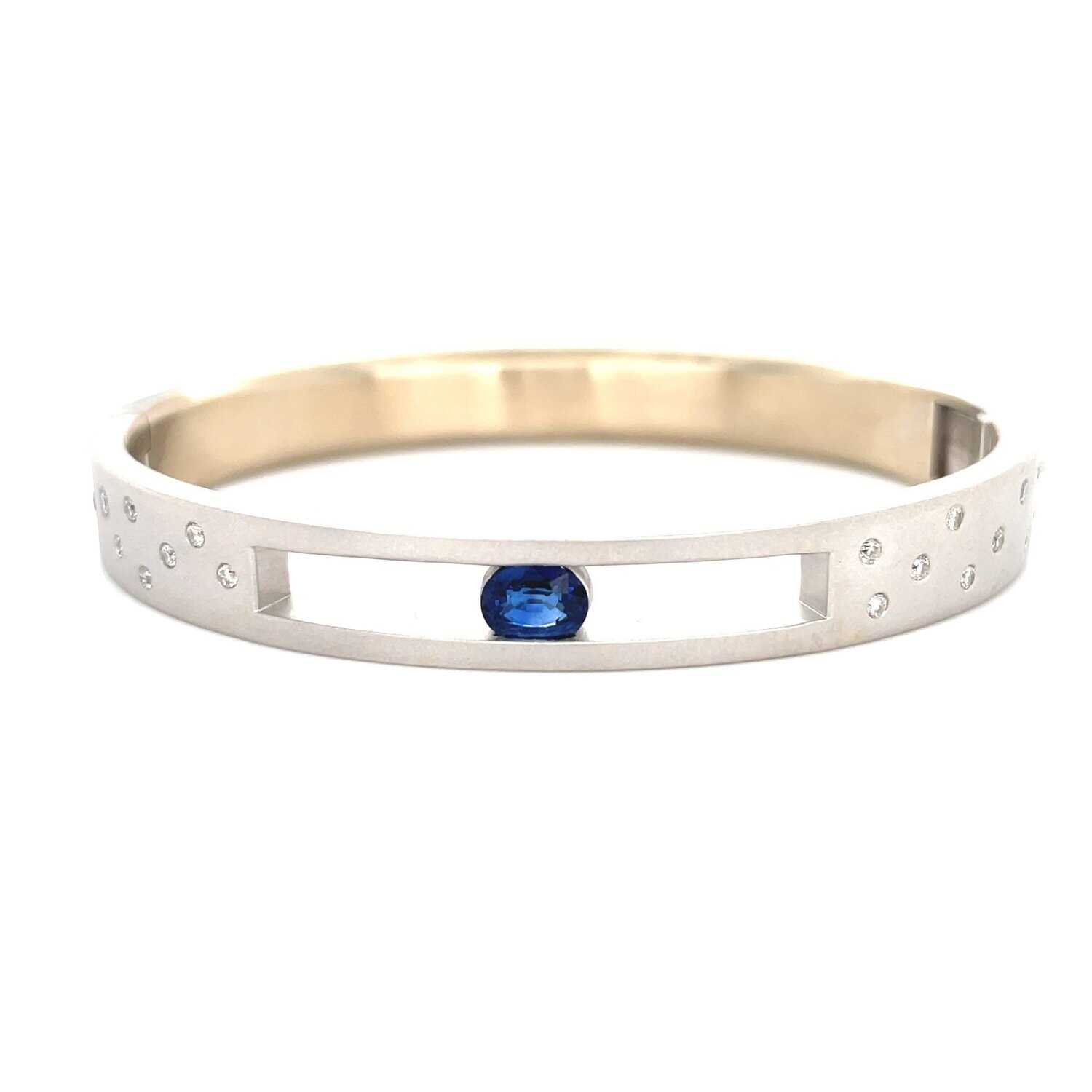 Blue Sapphire & Diamond Split Bar Bracelet 14k White Gold