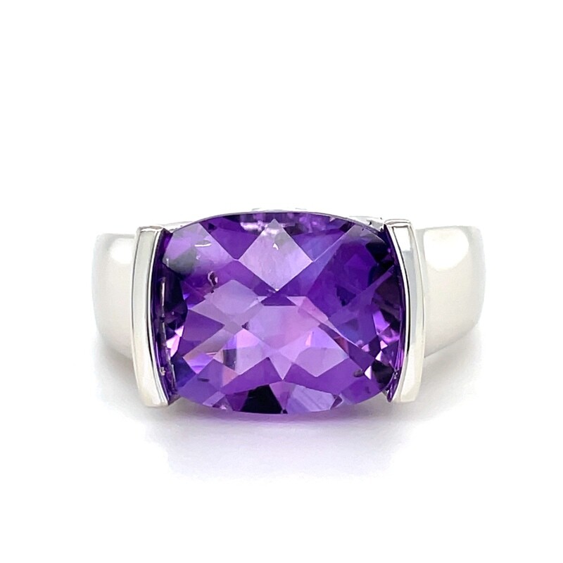 Antique Cushion Cut Amethyst & Diamond Ring in 14k White Gold