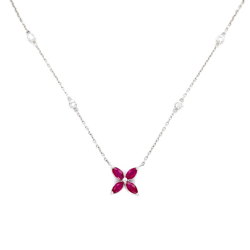 Ruby & Diamond Flower Necklace in 14k White Gold