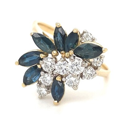 Sapphire & Diamond Floral Ring on 14k Yellow and White Gold