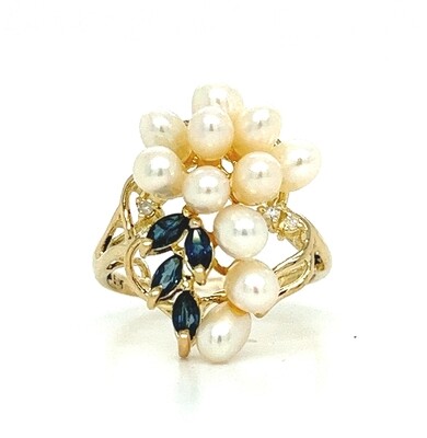 Pearl & Sapphire Ring in 14k Yellow Gold