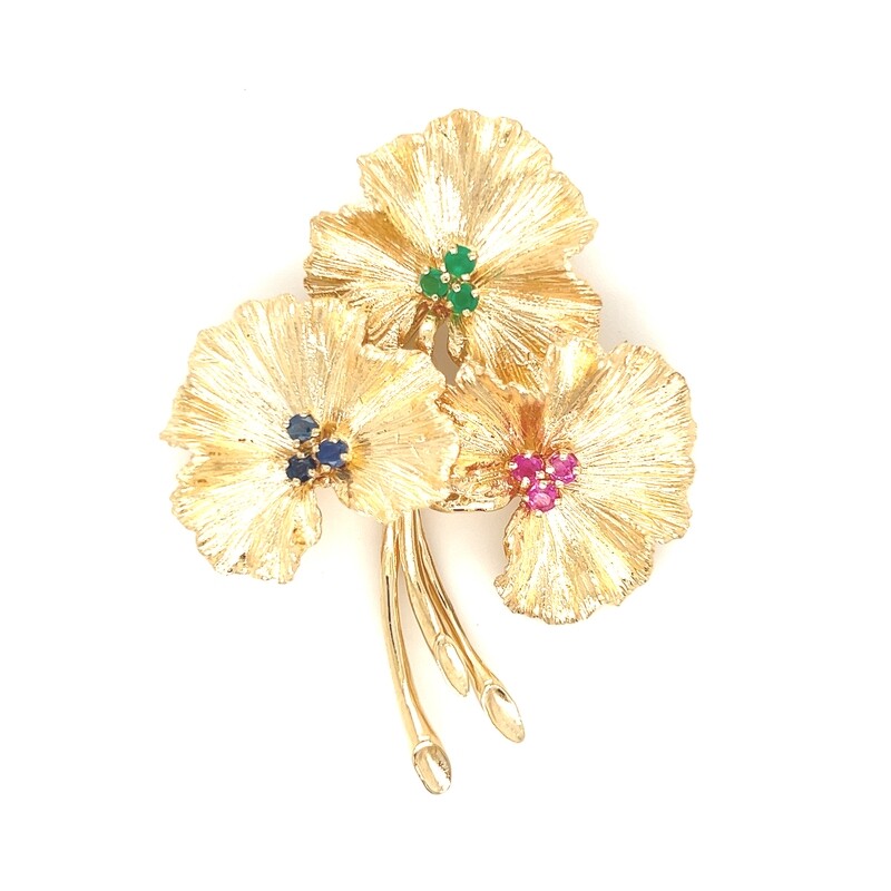 Ruby Onyx & Sapphire Brooch in 14k Yellow Gold