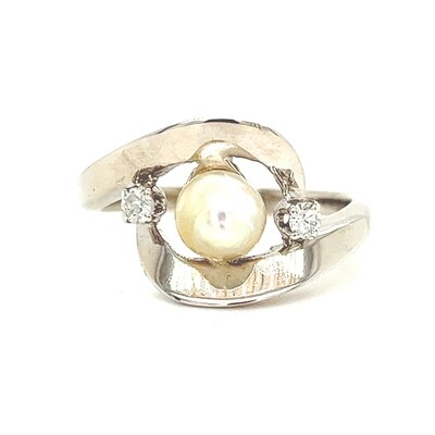 Akoya Pearl & Diamond Ring in 14k White Gold