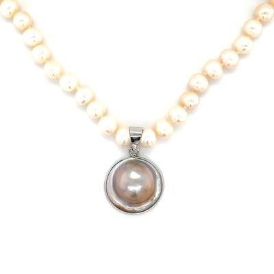 Freshwater Pearl & Mother of Pearl Necklace on Silver — 17”