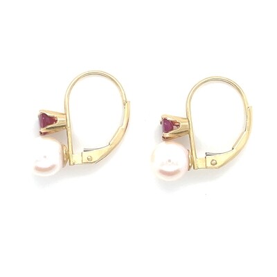 Ruby & Pearl Earrings in 14k Yellow Gold