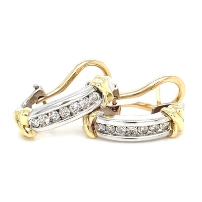 Diamond Omega Earrings in 14k Yellow & White Gold