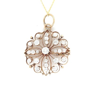 Diamond Floral Brooch Necklace in 14k Yellow Gold