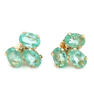 Emerald Three-Stone Earrings in 14k Yellow Gold