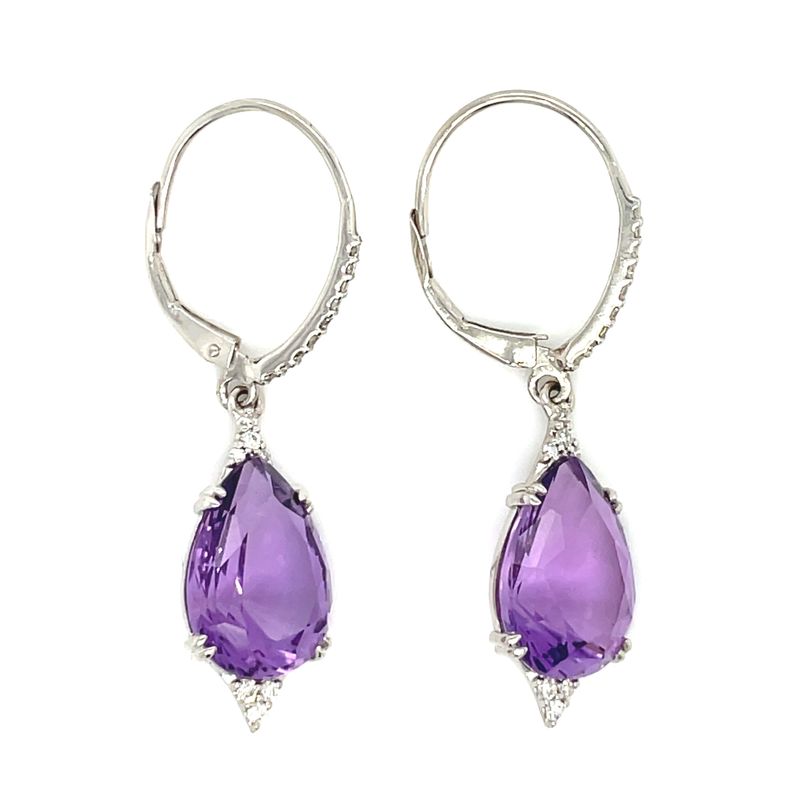 Amethyst & Diamond Drop Earrings in 14k White Gold
