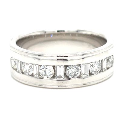 Diamond Round & Baguette Band in 14k White Gold