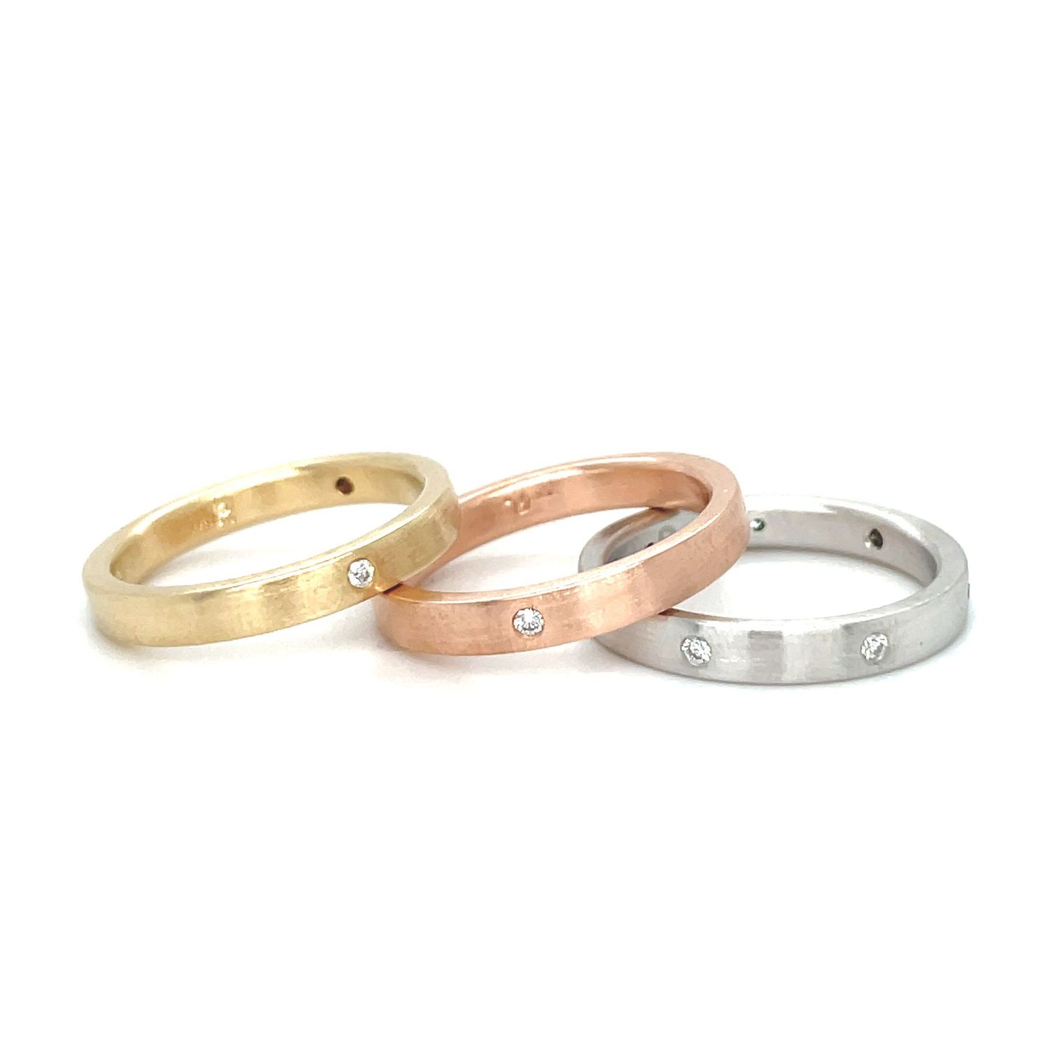 Handmade Diamond Stacking Ring Set — 14k Rose, Yellow & White Gold